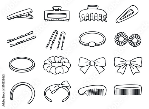 Hand drawn line art hair accessories set featuring clips, pins, ties, scrunchies, bows, headbands, and combs for beauty and styling