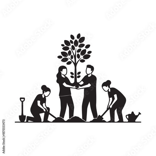 Community Planting Tree Together Environmental Conservation Teamwork and Team Planting Activity