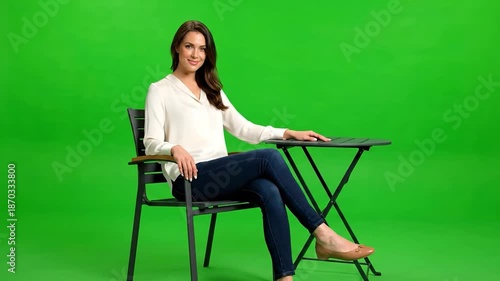 Woman sits on chair by small table with green background, relaxed and smiling