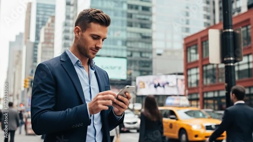 Handsome manager using smartphone, browsing online on bustling city street.