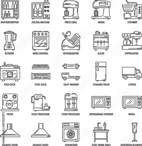 Modern kitchen and home appliance line icons featuring stove microwave refrigerator and coffee maker