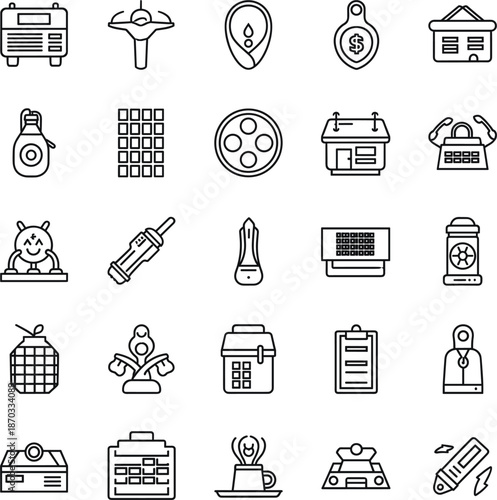 Nuclear power and scientific research line icons featuring radiation symbols laboratory equipment and energy reactors.