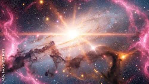 Cosmic galaxy simulation swirling with vibrant pink nebula and sparkling stars.