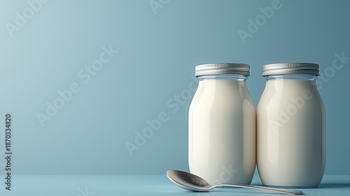 Fresh Dairy Milk in Glass Jars with Spoon on Soft Blue Background for Healthy Lifestyle and Cooking Inspiration