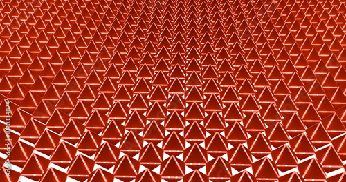 Abstract 3D geometric background featuring a repeating pattern of red triangular shapes with sharp angles and depth. Modern futuristic design suitable for technology, architecture, data visualization