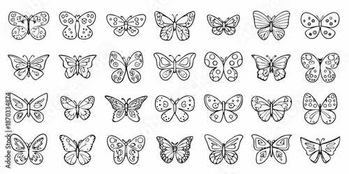 A collection of monochrome butterflies arranged in a grid pattern