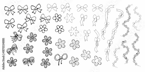 An assortment of hand drawn bows flowers and decorative elements in black and white