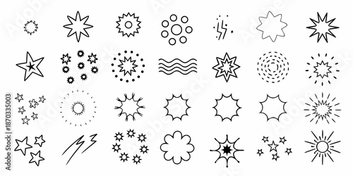 Collection of various hand drawn style sparkle star and floral line art icons