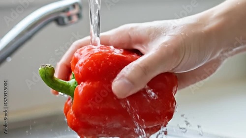 Hand washing vibrant red bell pepper under cool splashing water.