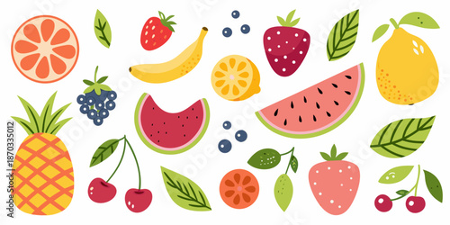 A colorful assortment of fresh fruits including pineapple watermelon and strawberries