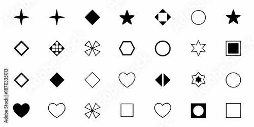 Collection of various black geometric shapes and symbols on a white background