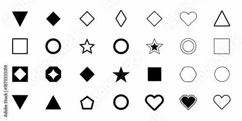 A collection of basic geometric shapes arranged in neat rows on a white background