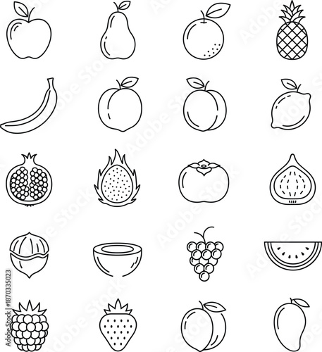Minimalist fruit line icons set featuring apple banana citrus berries and exotic fruit symbols.