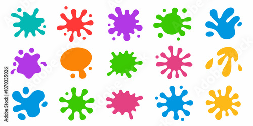 Colorful paint splatters and blobs in various shapes and bright hues