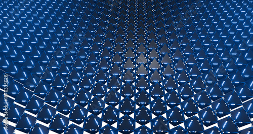 Abstract 3D geometric background featuring a repeating pattern of blue triangular shapes with sharp angles and depth. Modern futuristic design suitable for technology, architecture, data visualization