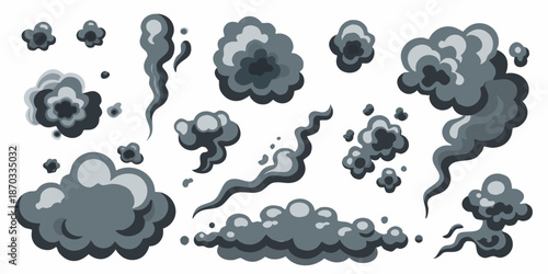 Various shapes of dark gray smoke clouds and puffs isolated on white