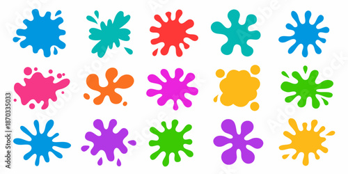 A collection of vibrant colorful paint splatters in various shapes and hues