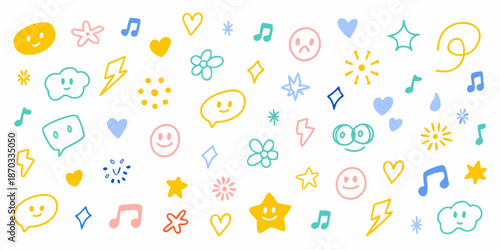 Colorful doodle pattern featuring happy faces music notes and whimsical shapes