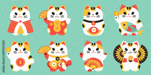 A collection of colorful maneki neko illustrations with various traditional motifs