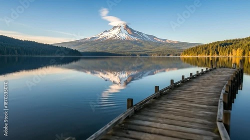 Wooden dock stretching into tranquil lake reflecting distant Mt. Hood.