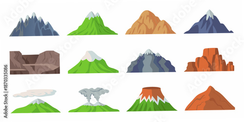 Colorful cartoon illustration of various mountain shapes and geological formations