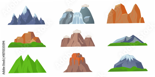 Colorful cartoon mountains and rock formations arranged in a grid pattern