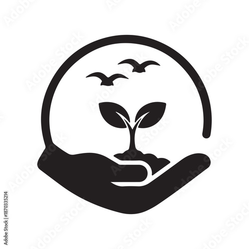 Hand holding a plant with birds flying above symbolizing growth and nurturing