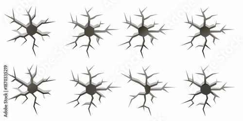 Arrangement of dark gray cracks resembling starbursts on a white background