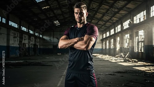 Professional soccer player posing in abandoned industrial warehouse