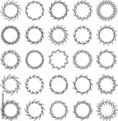 Elegant hand-drawn floral wreath set featuring circular leaf frames and decorative laurel branches.