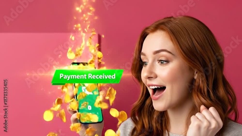 Young woman receives payment on smartphone against pink backdrop