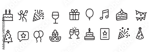 Party web icons in line style. Birthday, dancing, happy new year, week, christmas, event, holidays, carnival, collection. Vector illustration.