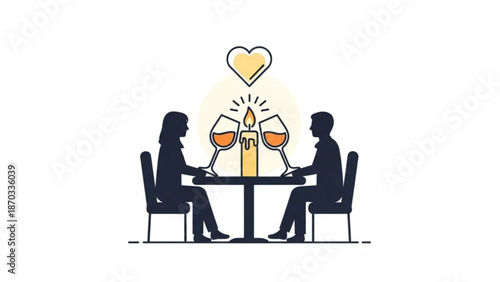 Couple enjoying a romantic dinner with wine and candle vector illustration for love and relationship concepts isolated on white
