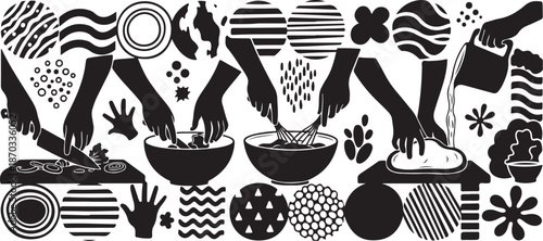 Black and white hands interacting with abstract shapes