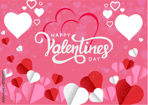 Happy Valentine's Day Poster or banner with cute font, sweet hearts and gift box on red background.Promotion and shopping template or background for Love and Valentine's day concept