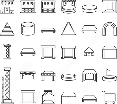 Professional line icons of exhibition stands podiums stage trusses and architectural event structures.