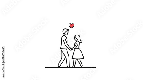 Couple holding hands with a heart above minimalist line art illustration representing love and romance perfect for Valentines Day or relationship concepts