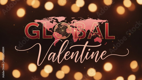 Global Valentine text with world map and bokeh lights celebrating love and connection across the planet perfect for holiday marketing