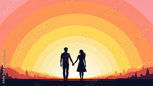 Couple holding hands at sunset silhouette of man and woman against a vibrant orange sky romantic landscape for love and relationship concepts