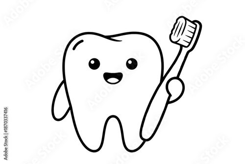 A cute cartoon tooth character holding a toothbrush designed as a friendly mascot for pediatric dental care, isolated on transparent background.