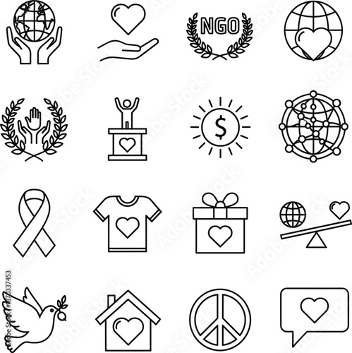 Charity and NGO line icons featuring global support peace symbols donation boxes and humanitarian aid