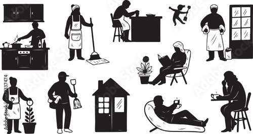 Black and white household chores illustrations set