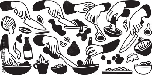 Cooking illustration with various hands and kitchen utensils