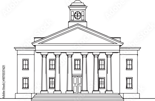 Courthouse building government civic architecture Hand-drawn Sketch Drawing Vector Illustration, Line Linear Symbol Engraving Coloring Book, Black and White Isolated