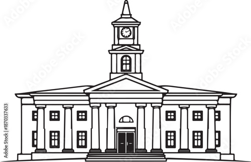 Courthouse building Hand-drawn Sketch Drawing Vector Illustration, Line Linear Symbol Engraving Coloring Book, Black and White Isolated