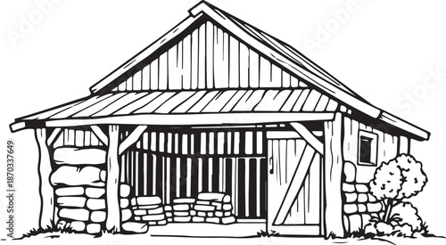 Cowshed Shed Barn agriculture and rural building Hand-drawn Sketch Drawing Vector Illustration, Line Linear Symbol Engraving Coloring Book, Black and White Isolated