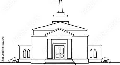 Crematorium building Hand-drawn Sketch Drawing Vector Illustration, Line Linear Symbol Engraving Coloring Book, Black and White Isolated