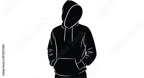 A dark hooded figure stands with hands in pockets a striking black silhouette