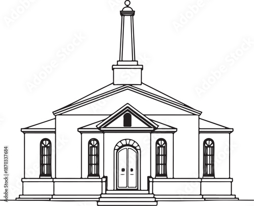 Crematorium building Hand-drawn Sketch Drawing Vector Illustration, Line Linear Symbol Engraving Coloring Book, Black and White Isolated