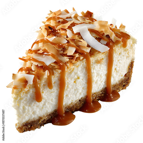 Slice of caramel cheesecake with graham cracker crust, topped with toasted coconut flakes, rich drizzle, creamy texture, black background, close-up